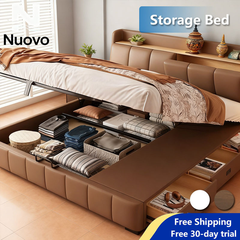 Cream Leather Storage Bed | Super Single & Queen Size | Multifunctional ...
