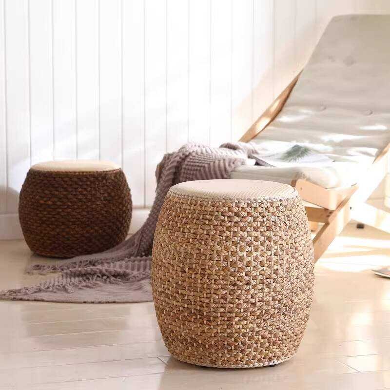 Rattan Straw Small Stool Household Solid Wood Round Low Stool Cute ...