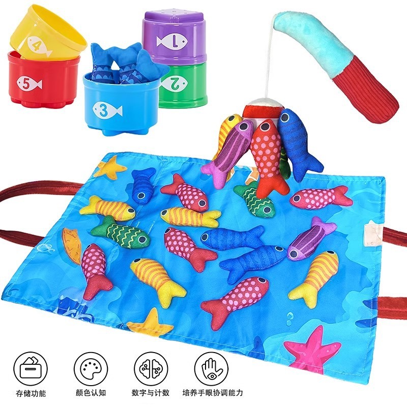 Kids Cloth Fishing Game with Stacking Cups Color Sorting Montessori Toy ...