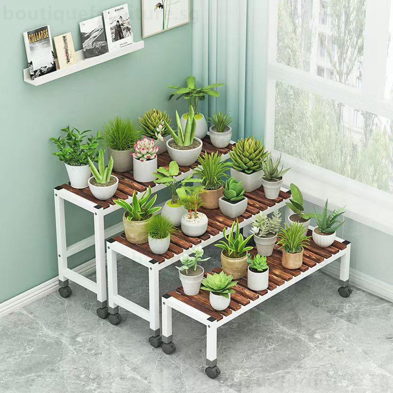 Metal Flower Rack with Wheels Wood Single-Layer Plant Rack Flower Step ...
