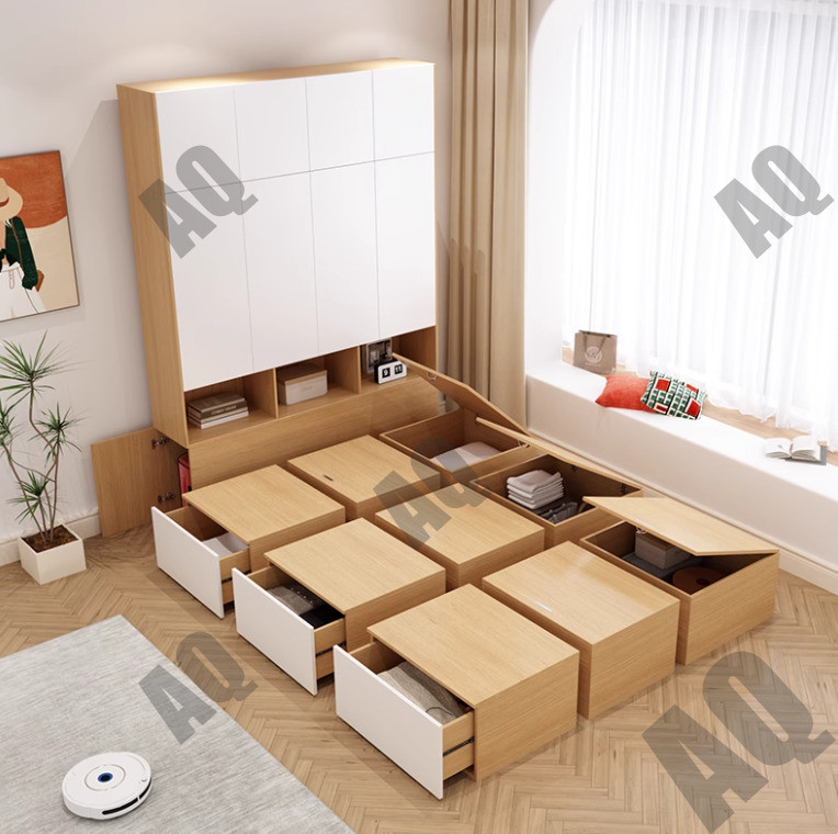 NAQ Storage Bed Compact Tatami Bed With Built-in Wardrobe Storage Box ...