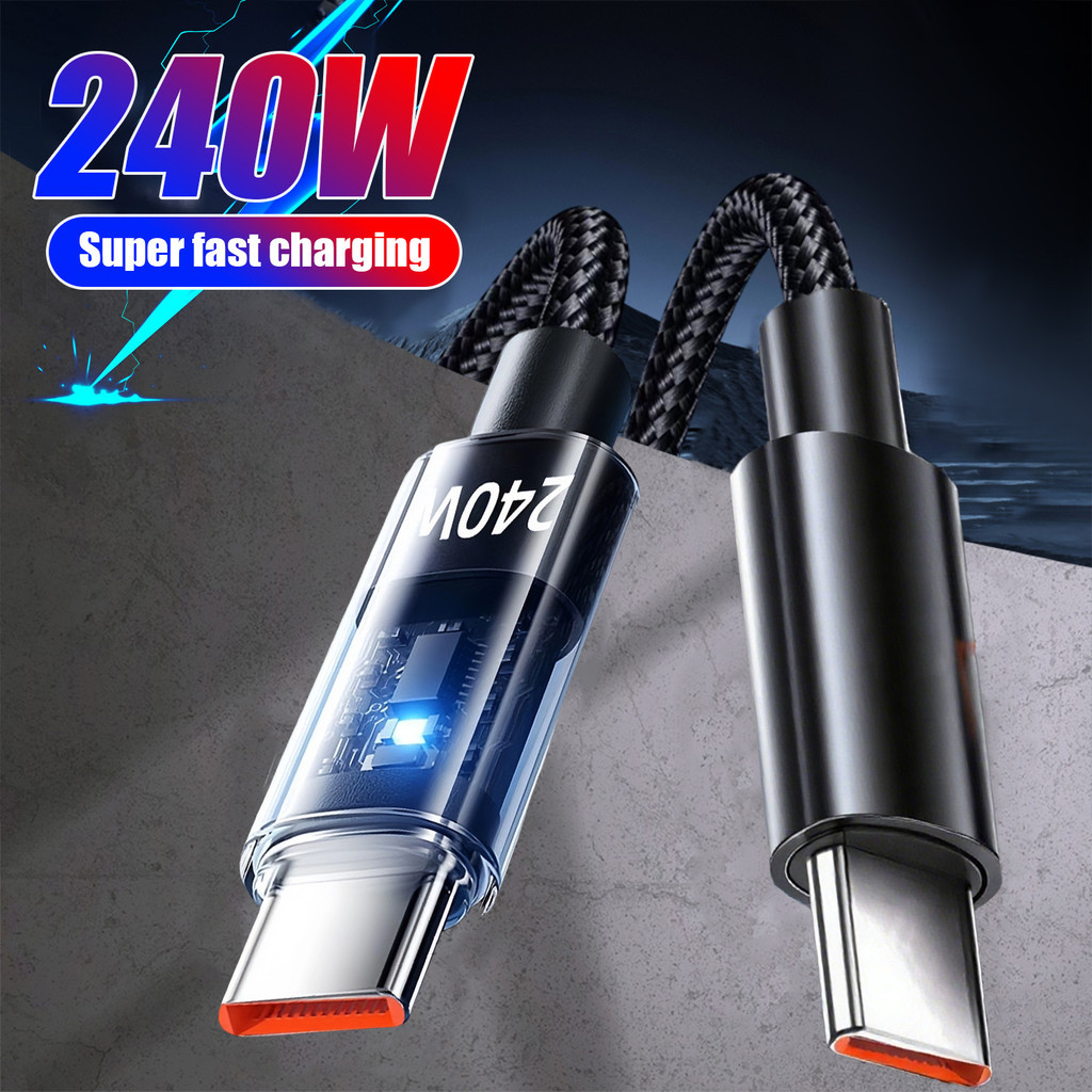 240W Super Fast Charging Cable Transparent Nylon Braided Rope USB-C ...