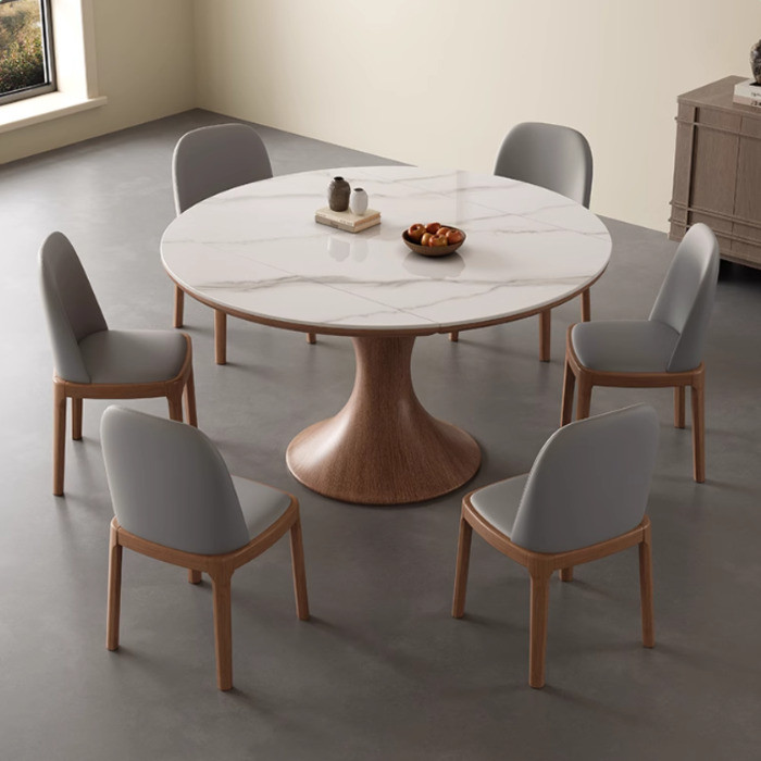 Dining Table Solid Wood Rock Board Retractable Round Walnut Color ...