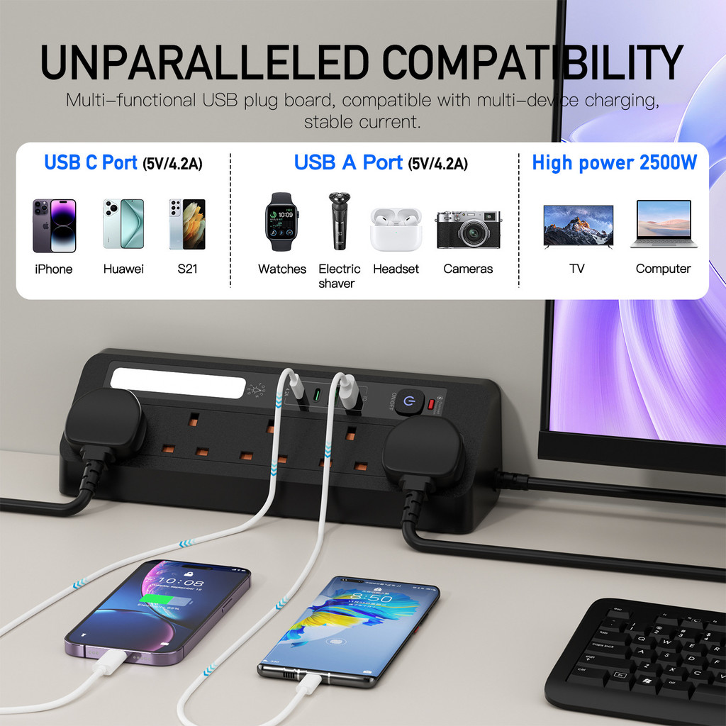 Entension Plug with USB C UK Plug Table Extension Plug Desk Clamp Night ...