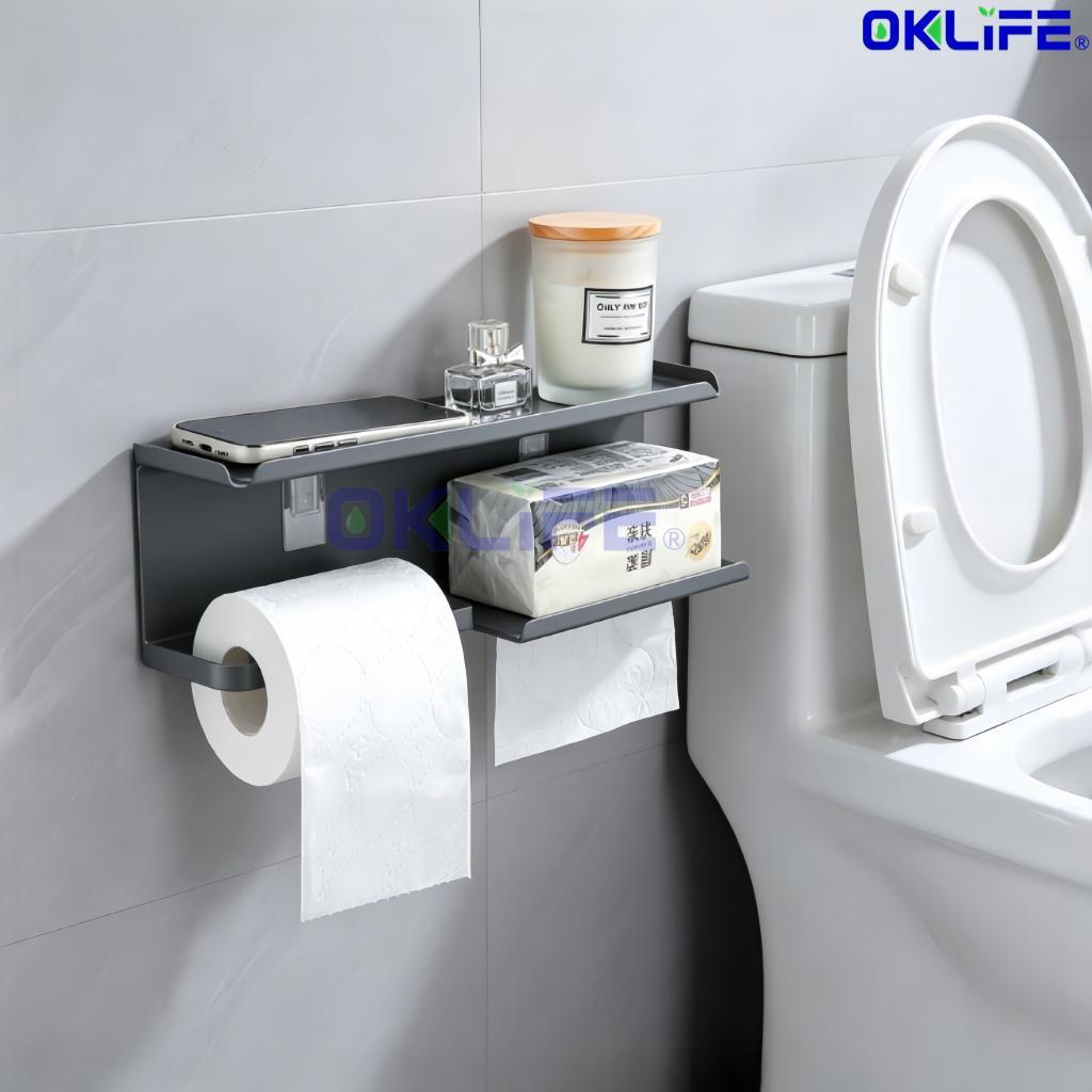 Wall Mount Toilet Paper Holder With Shelf Rust Proof Multifunctional Bathroom Tissue Rack HDB Toilet Accessory view 3