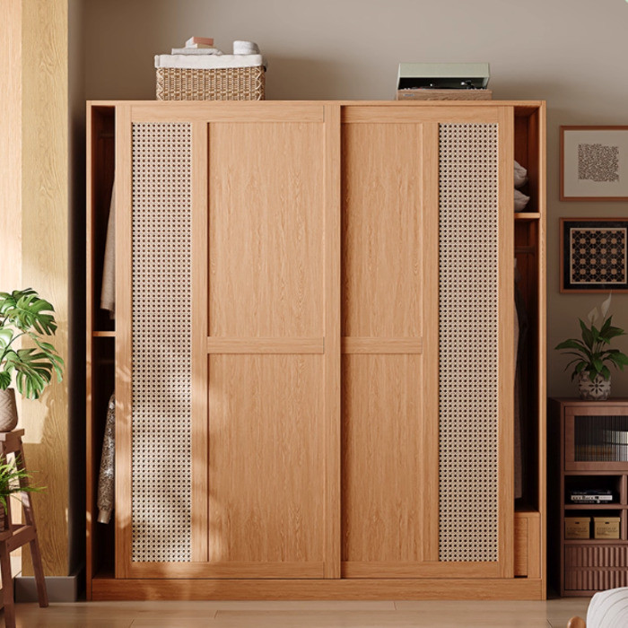 Wardrobe Rattan Sliding Door Bedroom Small Apartment Log Style Sliding ...