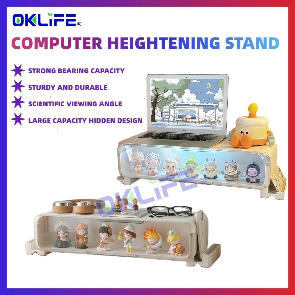 LED Light Monitor Stand With Transparent Blind Box Display Cabinet Multifunctional Desktop Storage Organizer