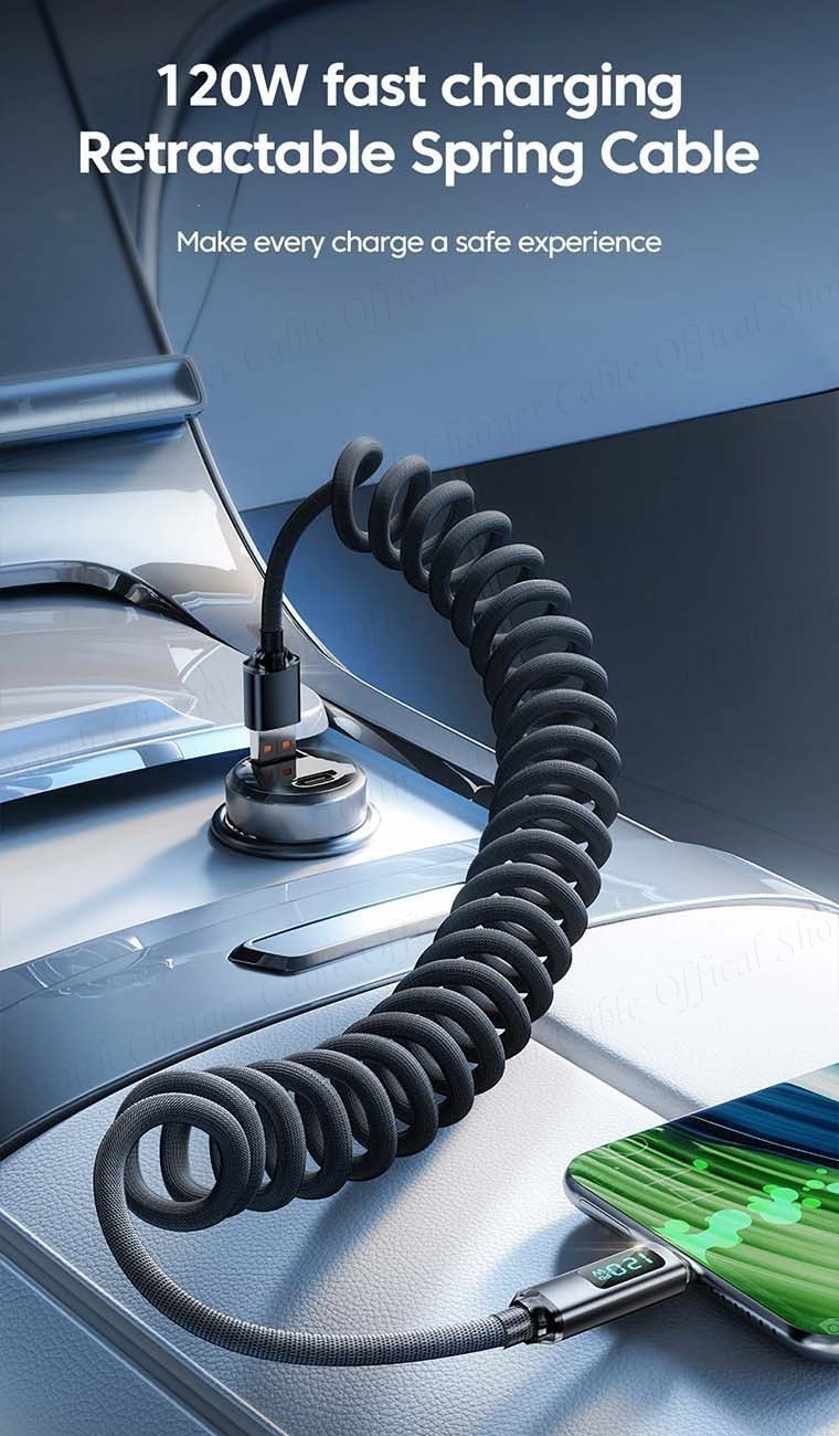 Digital Dispaly Coil Spring Car Charging Cable 120W Super Fast Charging ...