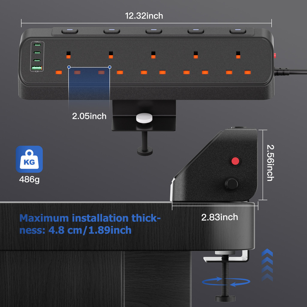 9 in 1 Desk Power Station with UK Standard Socket Table Clamp 2M ...