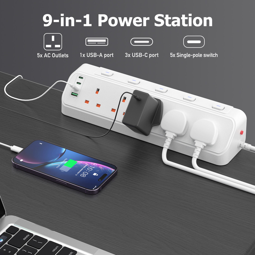 9 in 1 Desk Power Station with UK Standard Socket Table Clamp 2M ...