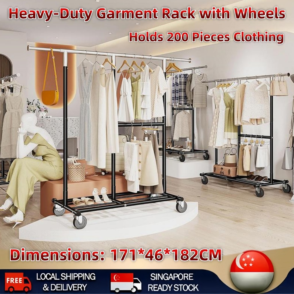 Heavy-Duty Garment Rack with Wheels | Adjustable Extendable Rod | Holds ...