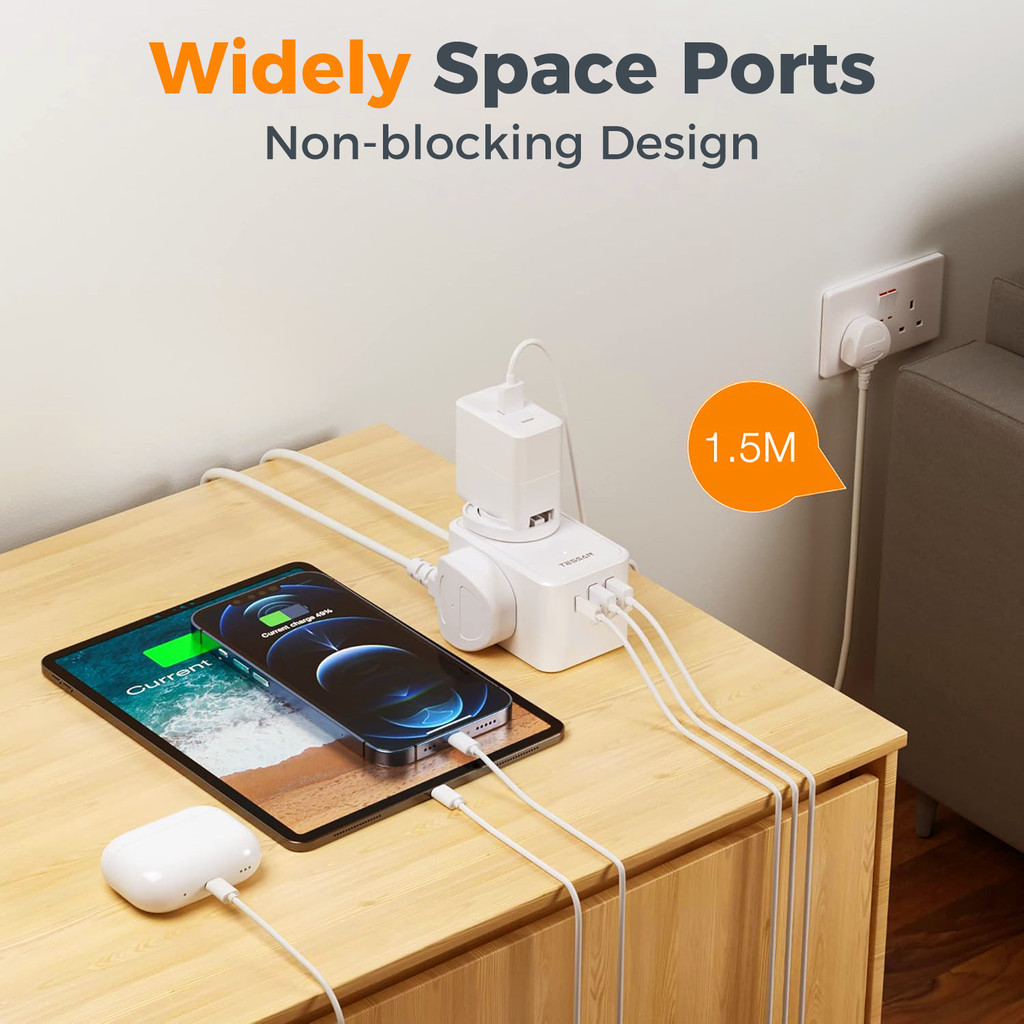 TESSAN Travel Power Strip 1.5m 2m Extension Cord Extension Multi Plug ...