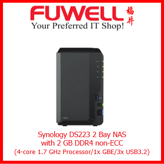 Synology DS223 2 Bay NAS (4-core 1.7 GHz / 2 GB DDR4 / 1 Gigabit LAN) Tower