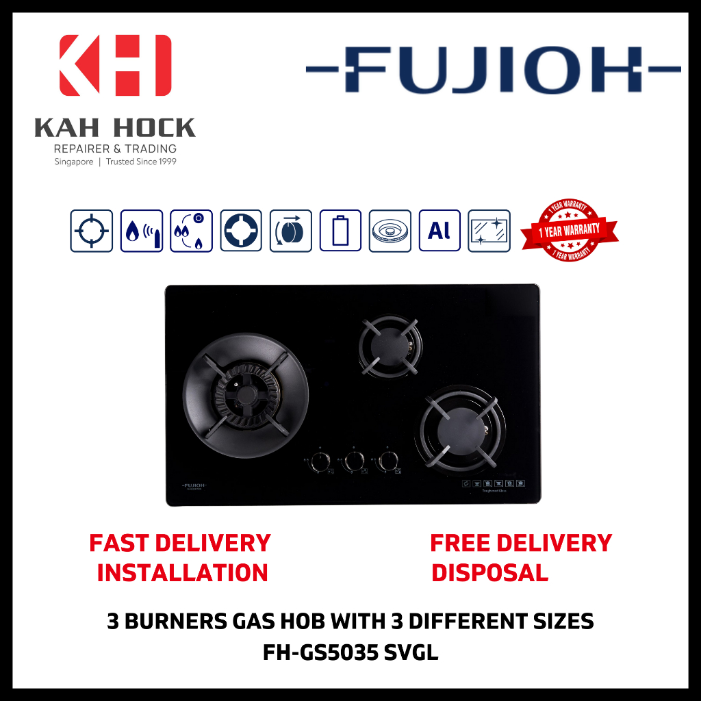 FUJIOH FH-GS5035 SVGL GAS HOB WITH 3 DIFFERENT BURNER SIZES - 2 YEARS ...