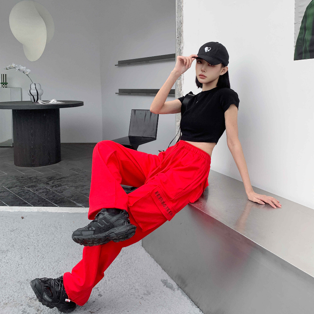 Red and store black cargo pants