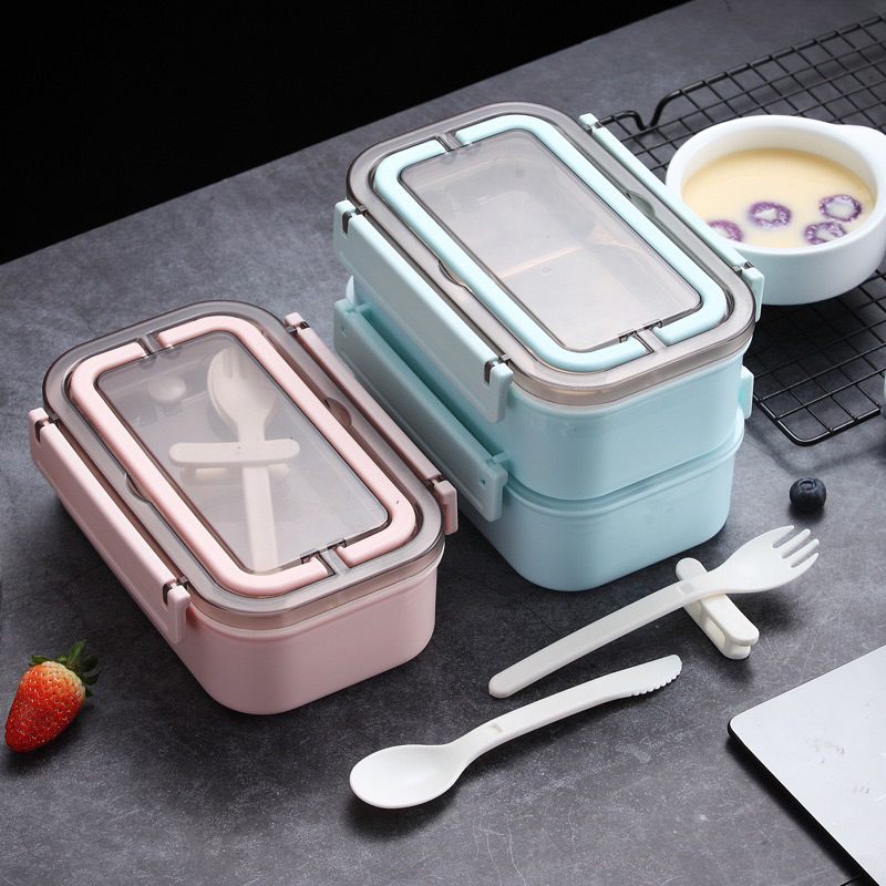 1set 800ml Three Grid Plastic Lunch Box With Bag & Utensils