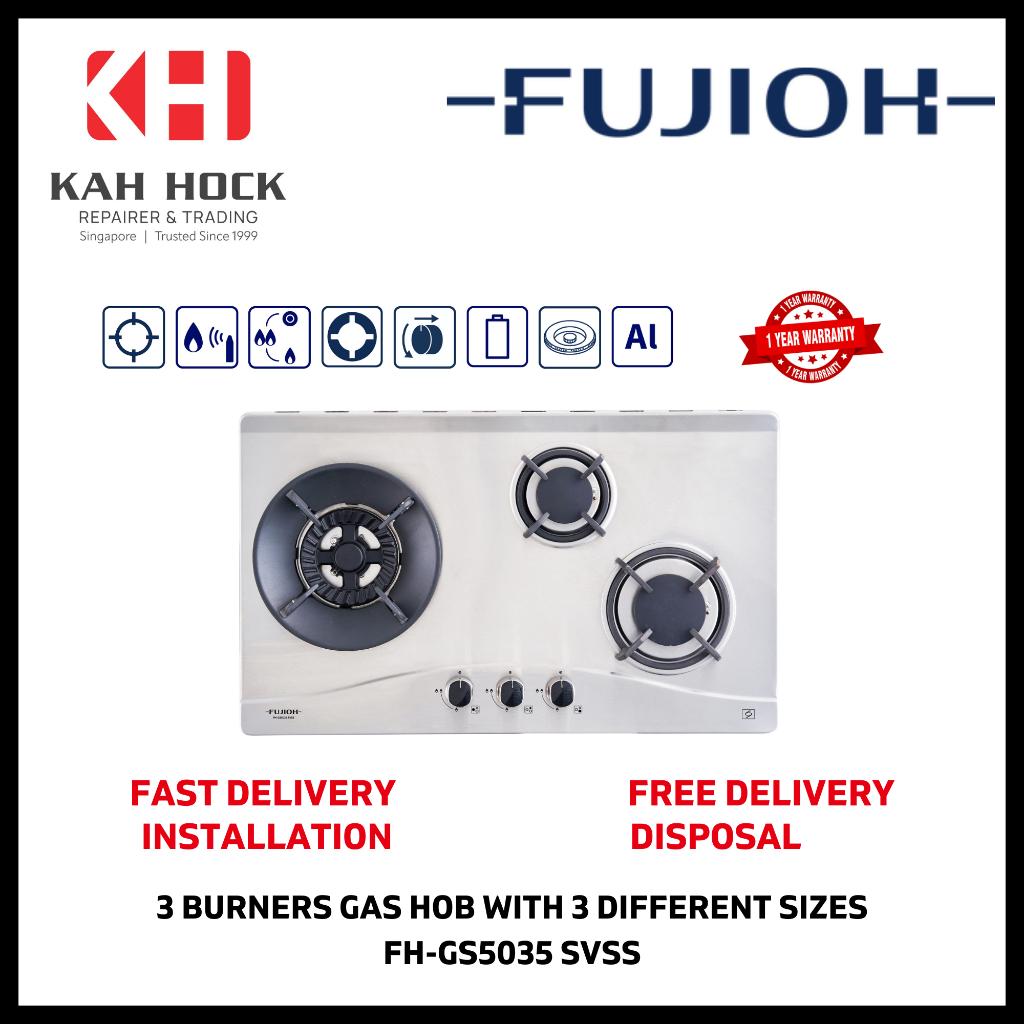 FUJIOH FH-GS5035 SVSS GAS HOB WITH 3 DIFFERENT BURNER SIZES - 2 YEARS ...