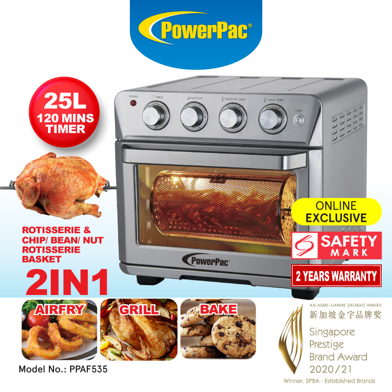 PowerPac 25L Air Fryer Oven With Rotisseries , Air Fryer Basket & Bin