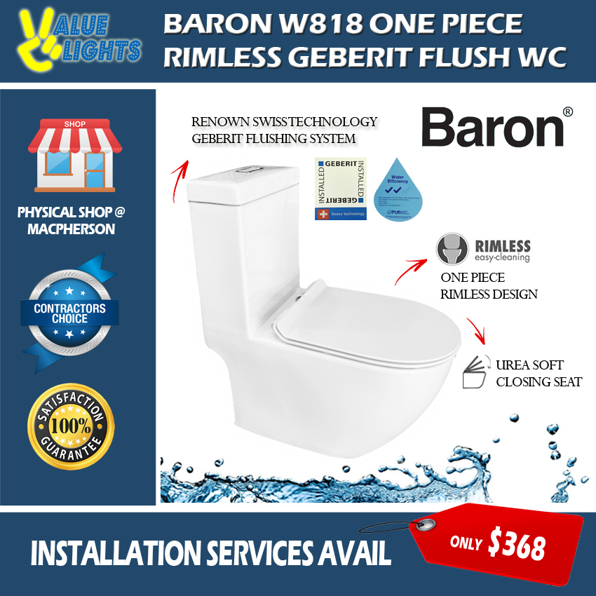 Baron W818 One Piece Rimless WC Toilet Bowl with Geberit Fitting Swiss