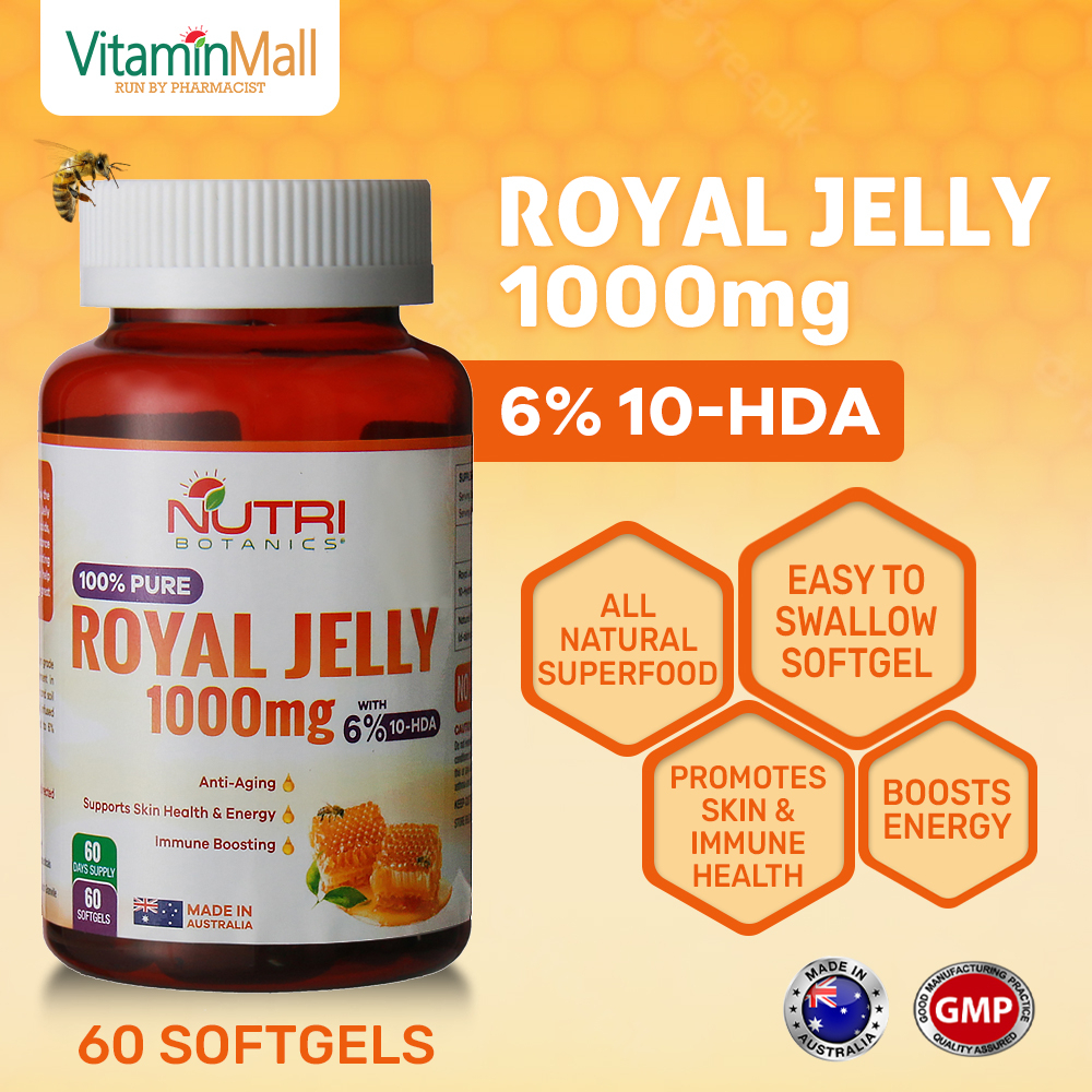 [60 Softgel] Nutri Botanics Royal Jelly 1000mg - Younger Looking Skin, Boost Collagen, Supplement for Immune Health