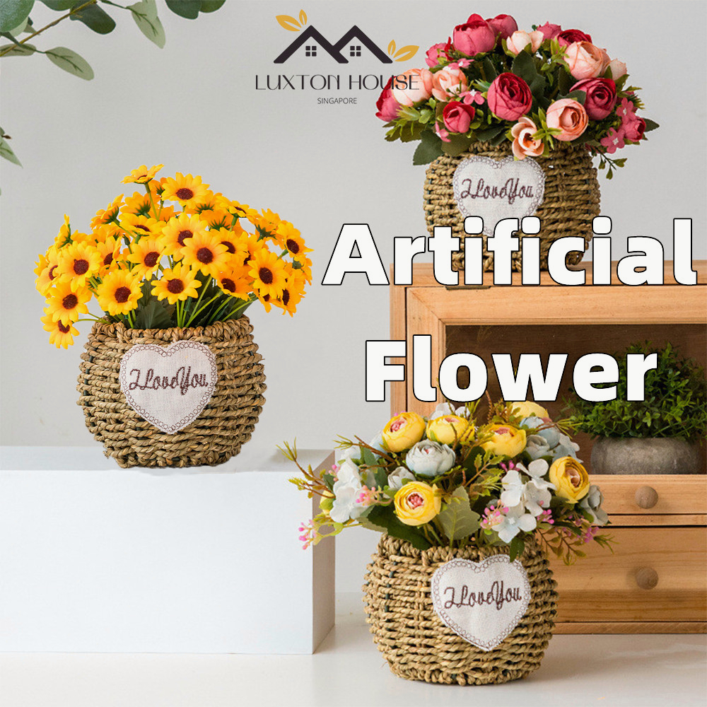 {SG} Artificial Potted Flower with Woven Pot Faux Sunflower Fake Plants