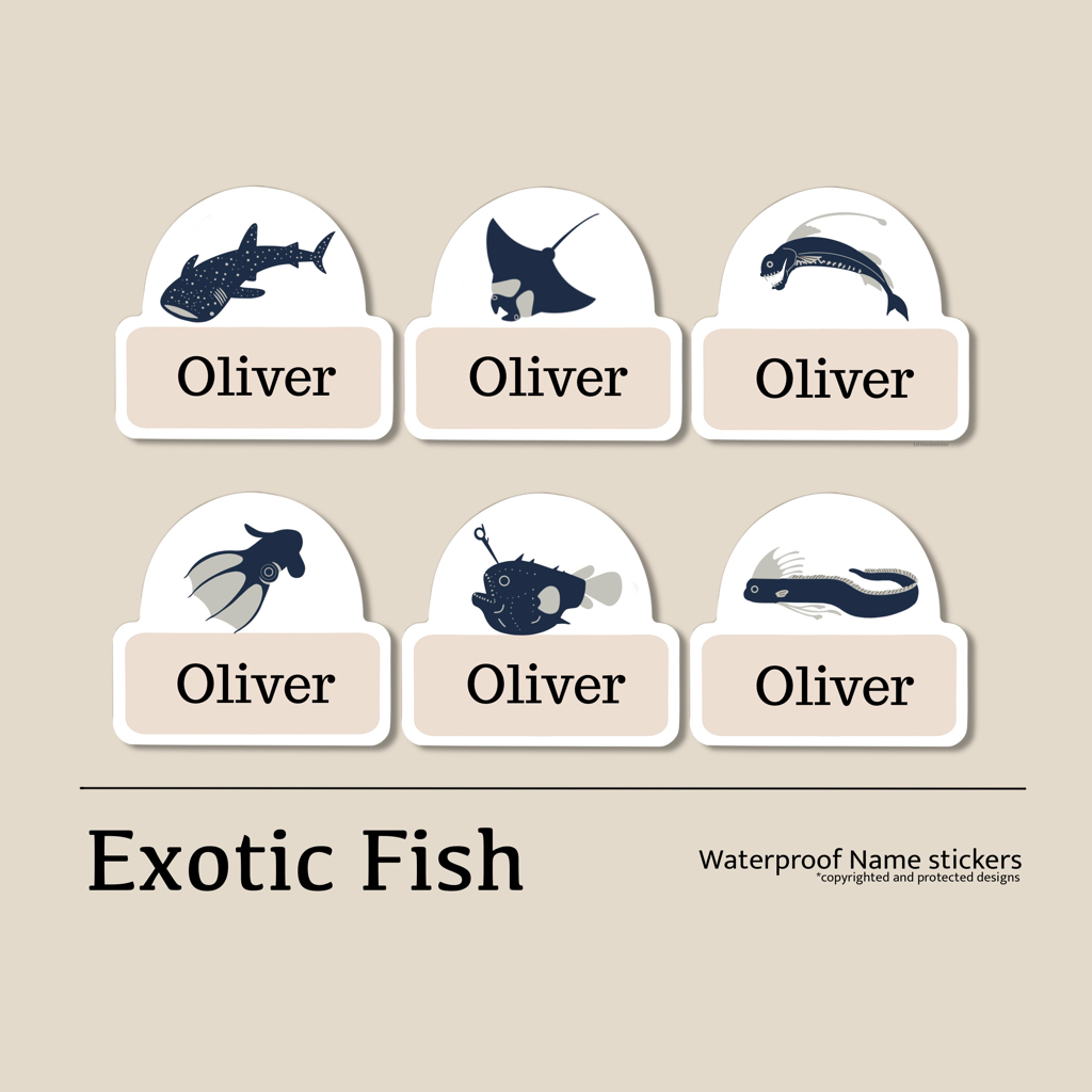 Exotic Fish Personalised Name stickers, Waterproof Name Labels for ...
