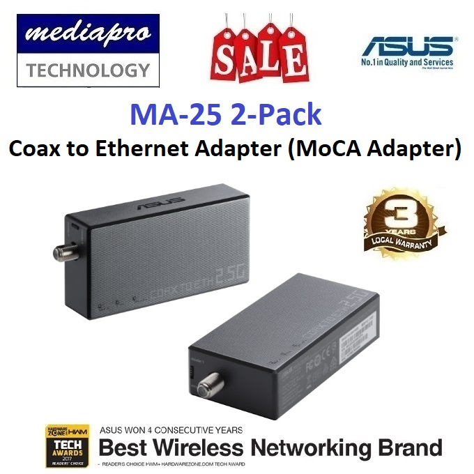 ASUS 2.5Gbps Ethernet Over Coax Adapter Starter Kit (MA-25 2 Pack