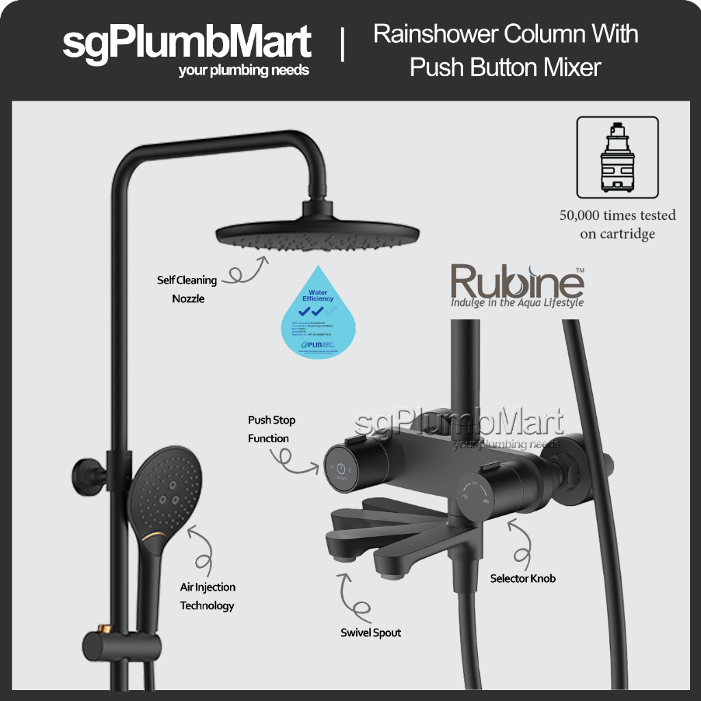 Rubine x sgPlumbMart RSCPUSHSTOPR61BK Electroplated Black Rain Shower