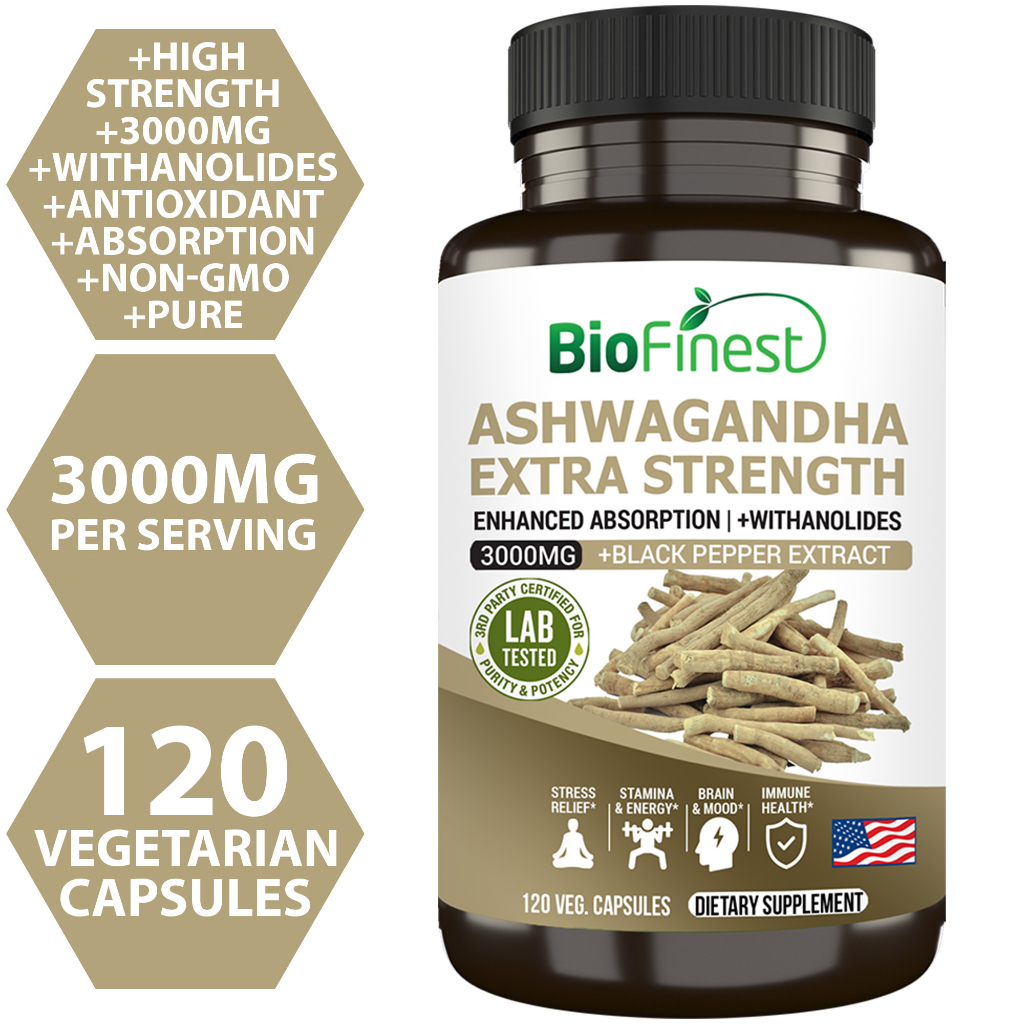 Biofinest Ashwagandha 3000mg Root Extract Organic Supplement - Relieve ...