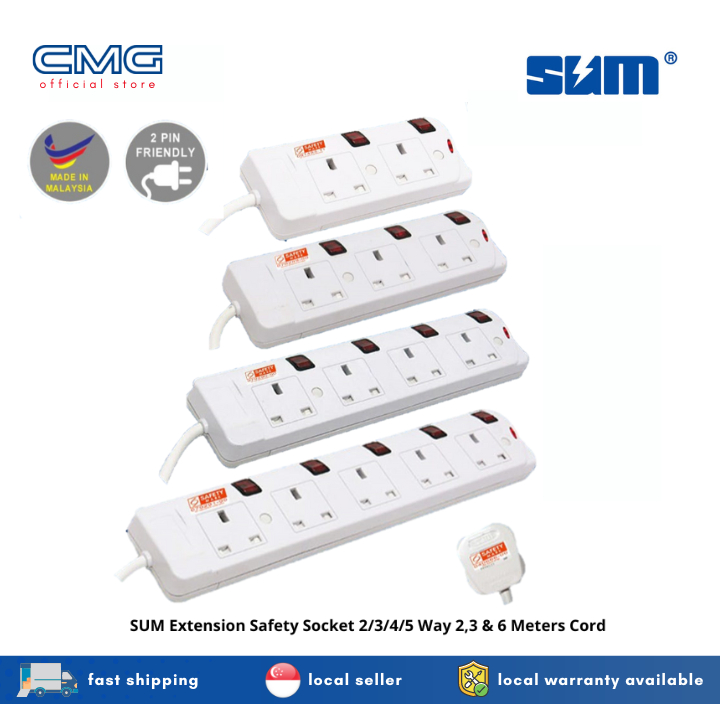 SUM Extension Safety Socket 2/3/4/5 Way 2,3 & 6 Meters Cord Shopee