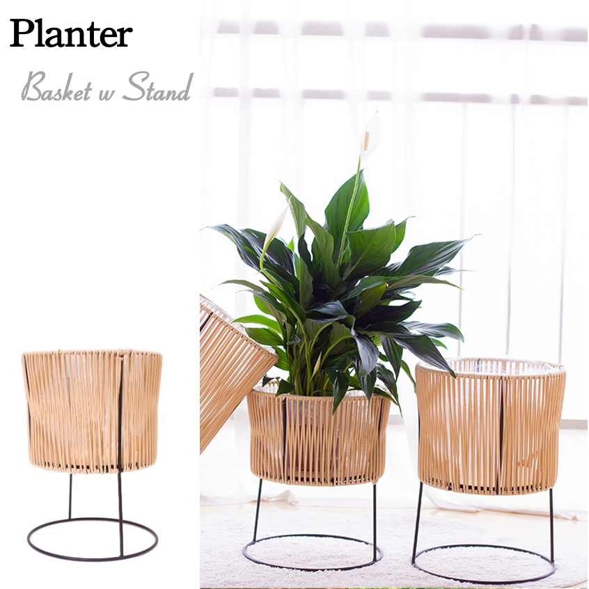 [BASKET W STAND T9]Rattan Basket Planter Pot Corn Husk Planter Plant