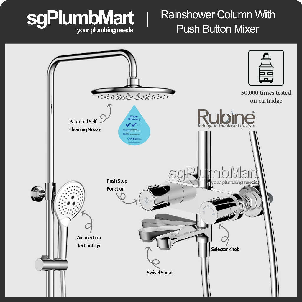 Rubine x sgPlumbMart RSCPUSHSTOPR61CH Brass Chrome Rain Shower Set