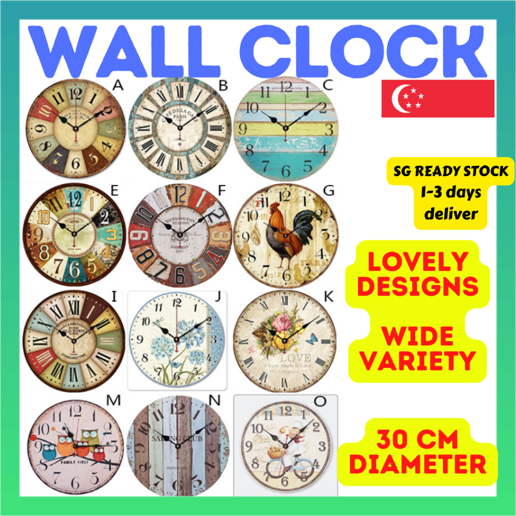 [SG SELLER] LOVELY 30 CM CLOCK RETRO DECORATIVE WALL CLOCKS MDF