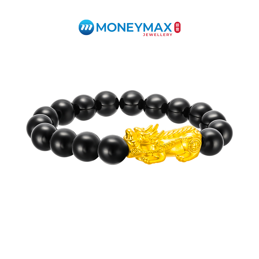 999 Pure Gold Pixiu Bracelet with Black Beads 6 - 12mm Agate | MoneyMax ...