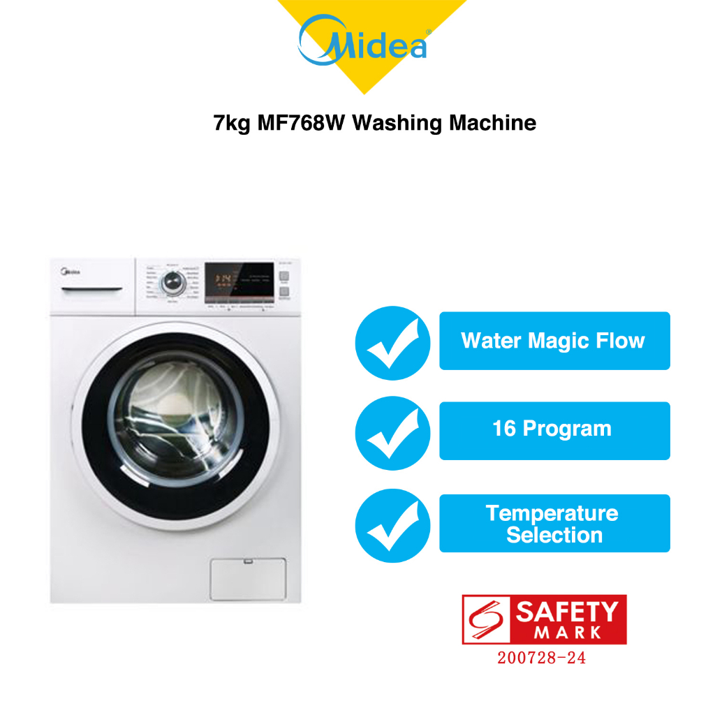 Midea 7kg MF768W Washing Machine, Front Load Washer 4Tick Water