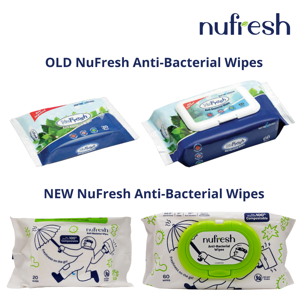 * NUFRESH * AntiBacterial Wipes * Alcohol Free * Made in SINGAPORE * 60 sheets *Expiry 2026