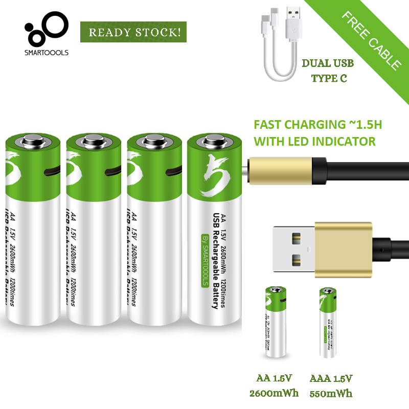 4 Per Pack USB Type C Rechargeable Battery 1.5V Lithium Liion AA AAA