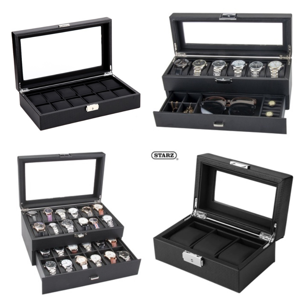 5 Models - 3 to 24 Slots Matte PU Carbon Fiber Watch Jewelry Display ...