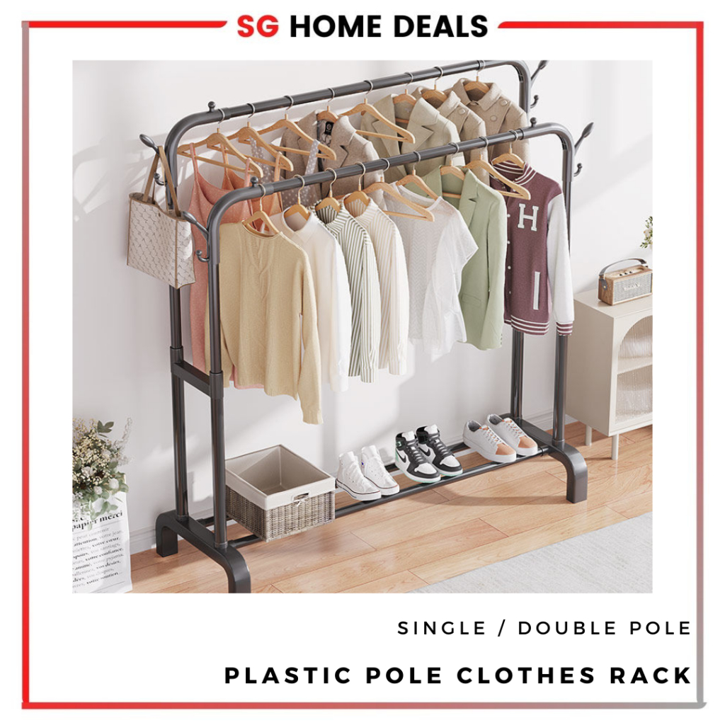 Metal Clothes storage drying rack foldable double pole With Hooks & Shoe  Rack