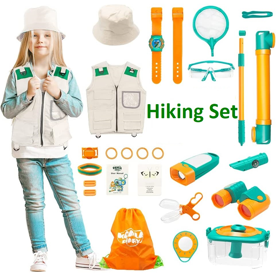 Kids Outdoor Explorer Kit Set Tools Binocular Vest Hat Backpack Net