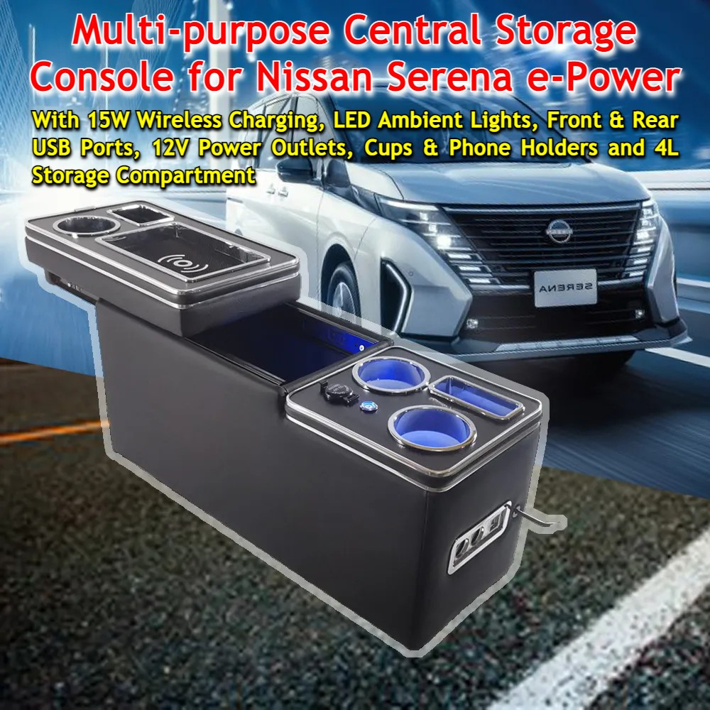Nissan Serena e-Power Center Storage Console Organizer Box with LED USB Ports 12V Power Outlets