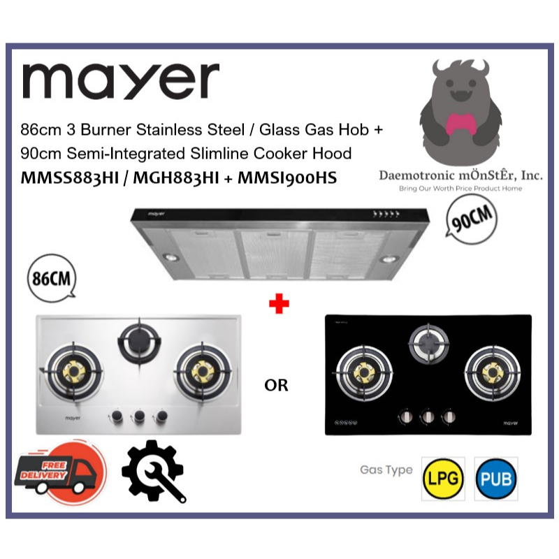 Mayer 86cm 3 Burner Stainless Steel / Glass Gas Hob + 90cm Semi