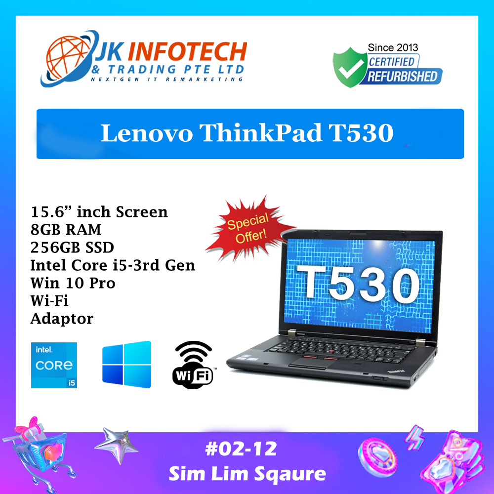 Lenovo ThinkPad T530 (Refurbished) | 15.6 inch | i5-3rd Gen | 8 GB RAM |128/256 GB SSD | Win10 | Ms office | No Webcam