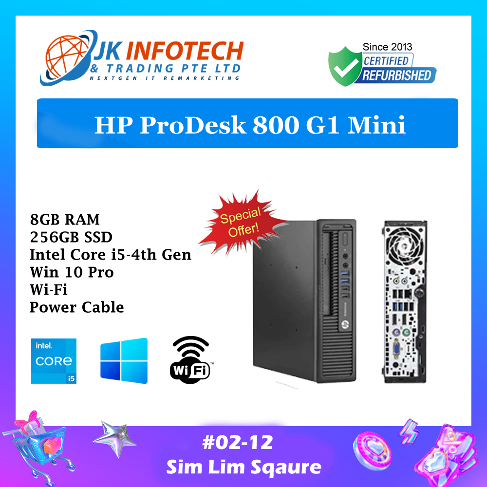 HP Elitedesk 800 G1 Mini PC USDT (Refurbished) /  i5-4th Gen / 8GB RAM / 128/256GB SSD / WIN 10 Pro / MS Office / Wifi