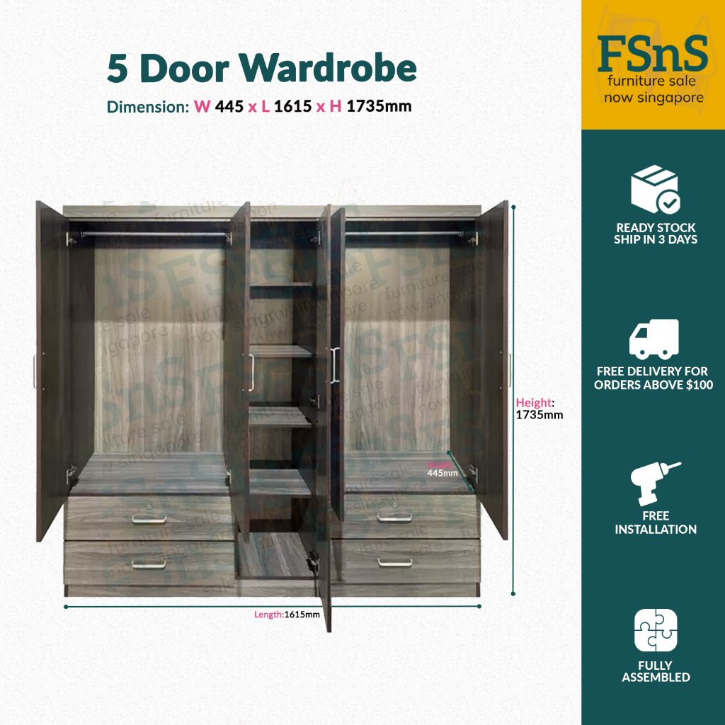 SG Ready Stock 5 Door Wardrobe with Removable Shelves (NSO) Shopee