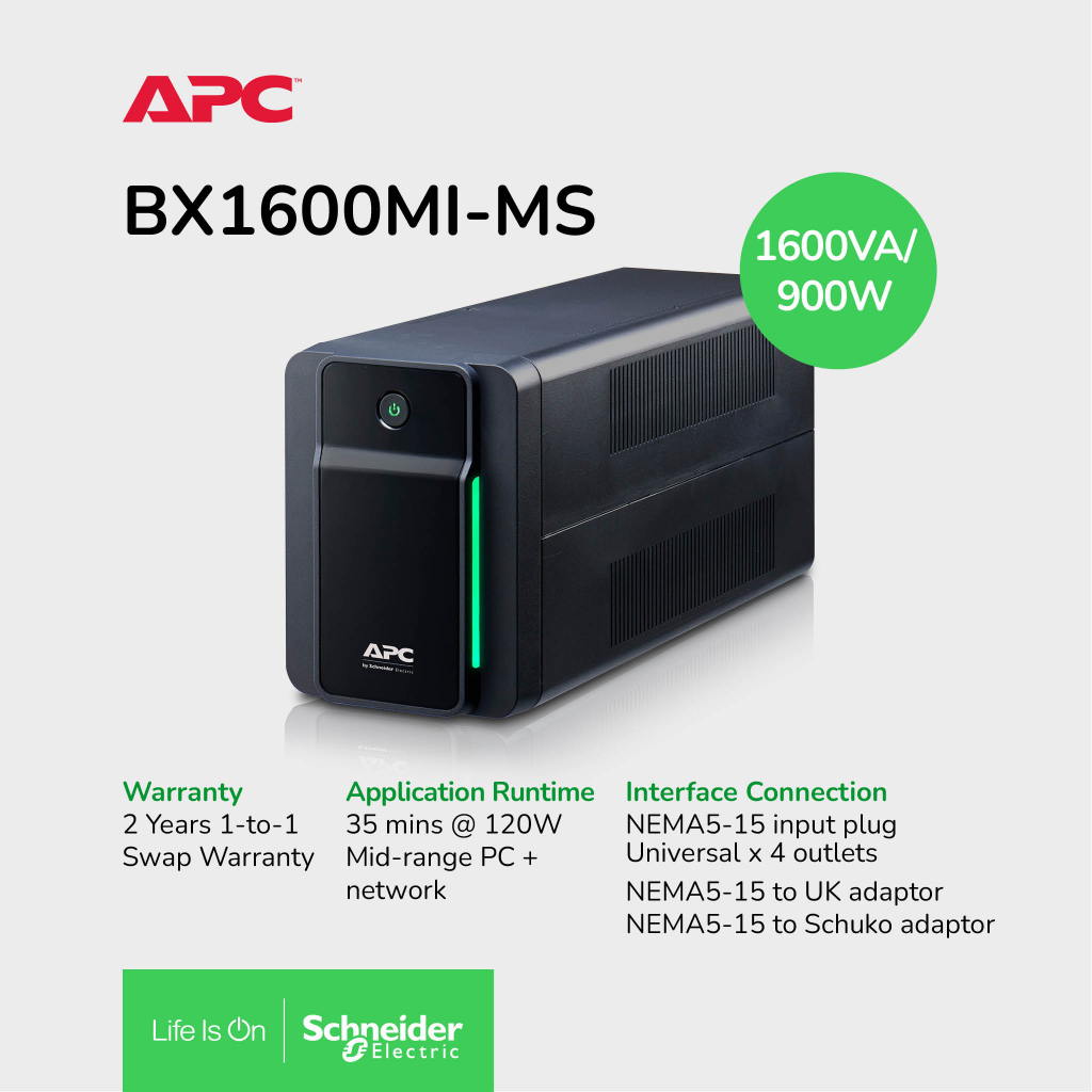 APC Back-UPS 1600VA, 230V, AVR, 4 universal outlets, BX1600MI-MS ...