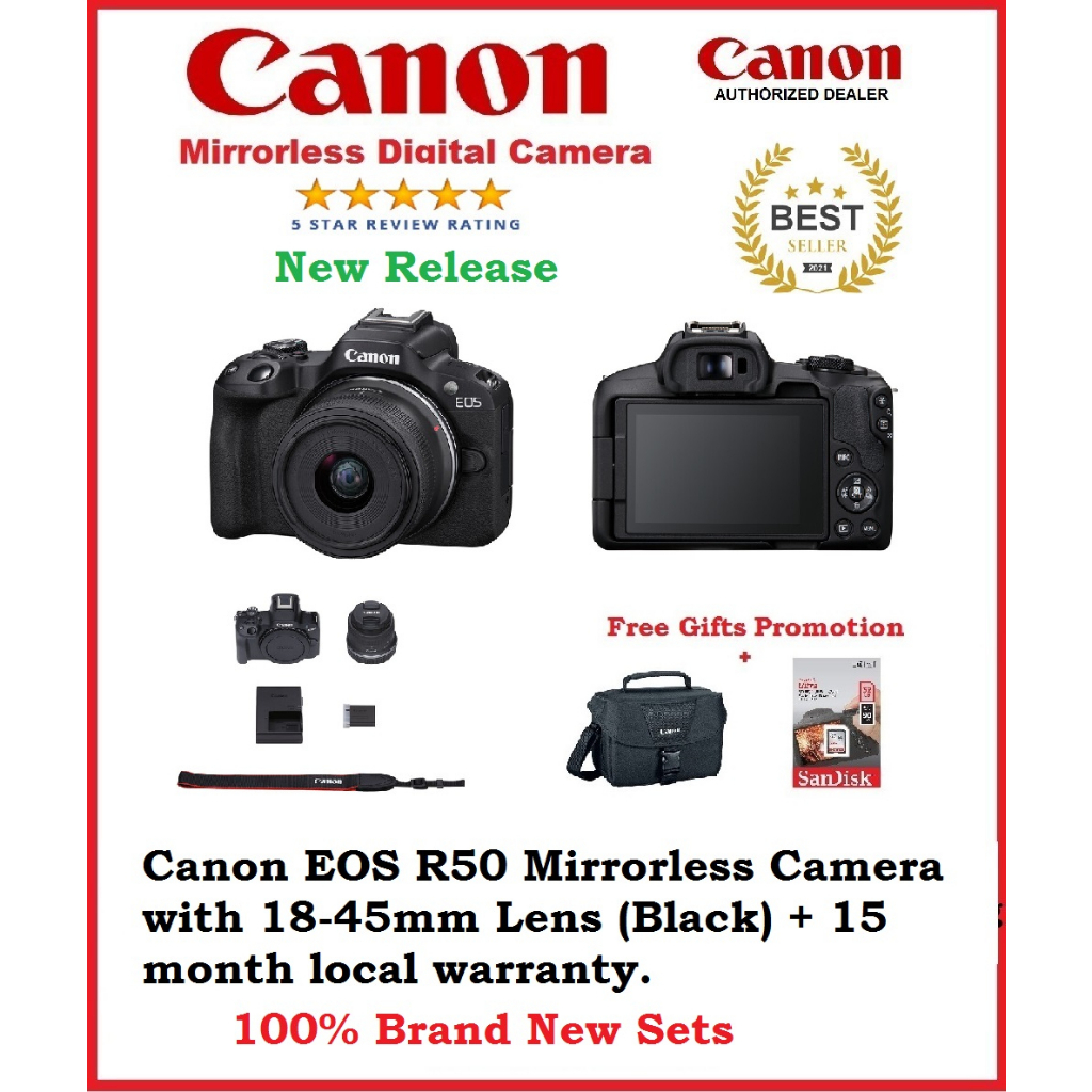 Canon EOS R50 Mirrorless Camera with 1845mm Lens (Black) + 15 month