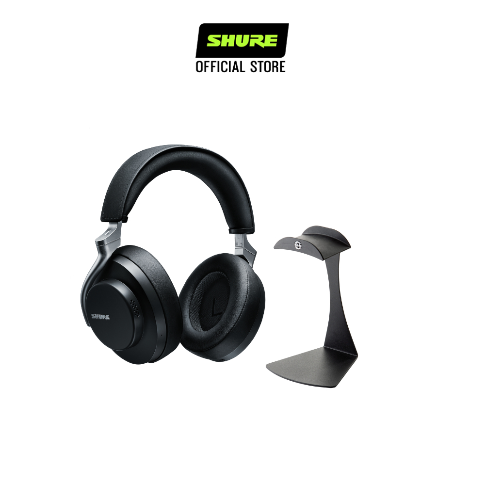 K&M Headphone Table Stand With Shure AONIC 50 Wireless Noise Cancelling