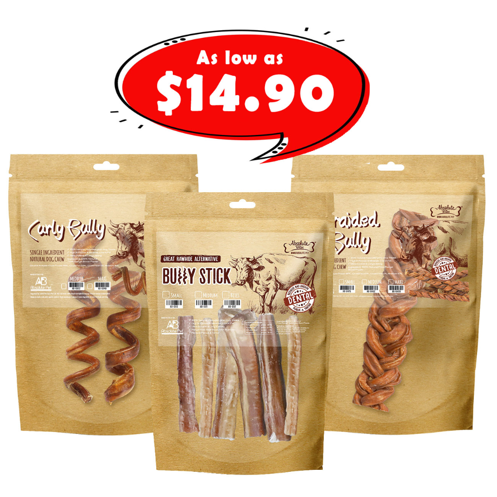 Absolute Bites Bully Stick Dog Dental Chew, Thick Bully, Braided, Curly