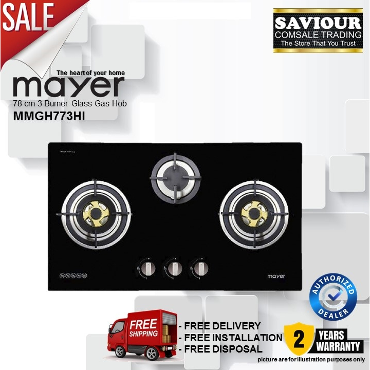 Mayer MMGH773HI 78 cm 3 Burner Glass Gas Hob FREE Replacement